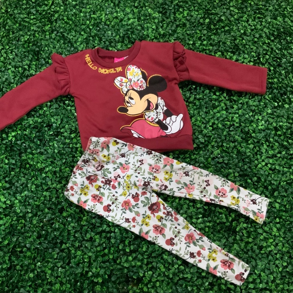 Disney Burgundy and Floral leggings Minnie Mouse Kids Matching Set